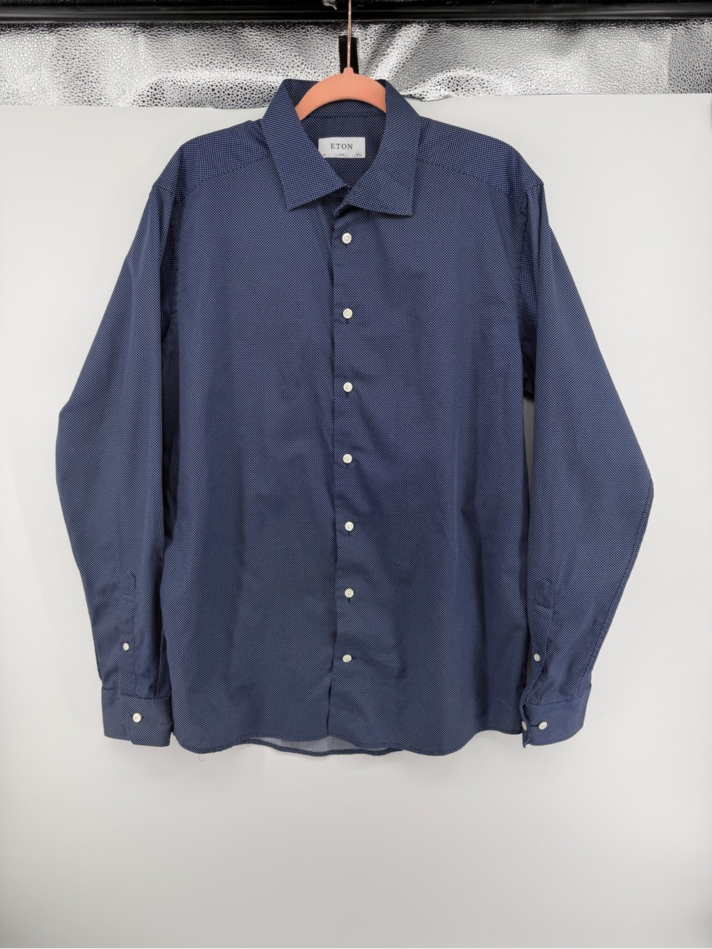 Eton Euro Modern Luxury Corporate OfficeNavy Dot-Pattern Dress Shirt Sz17.5inch